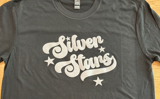 Black Soft T shirt with Silver Stars in grey FLOCK DM130