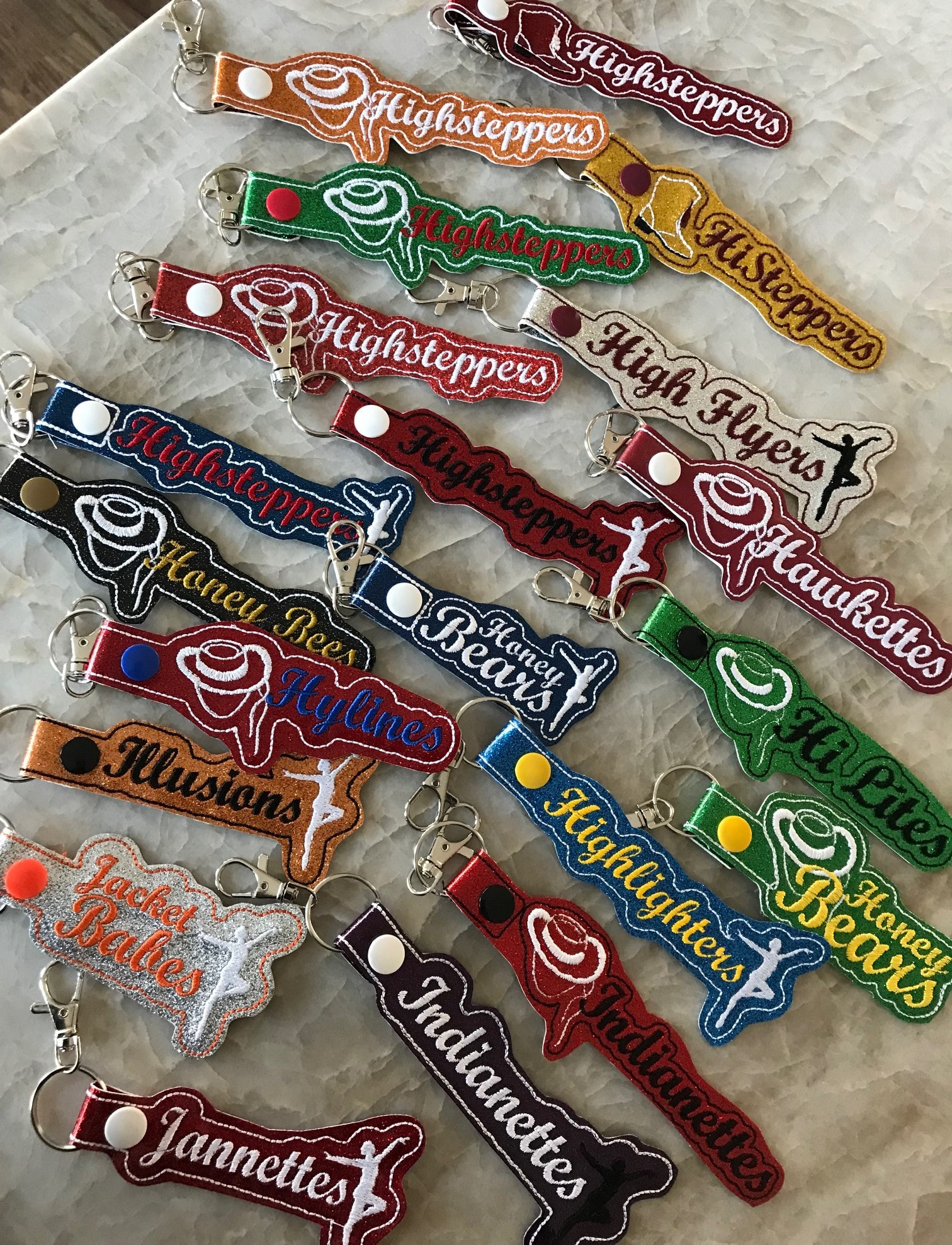 Embroidered Team Glitter key chains